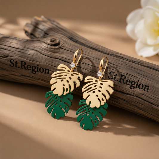 Green Enamel & 18K Gold-Plated Leaves Drop Earrings