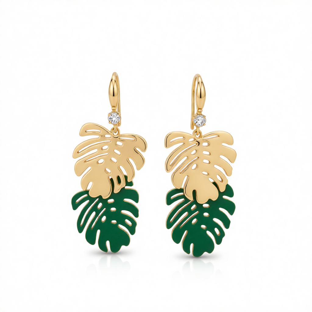 Green Enamel & 18K Gold-Plated Leaves Drop Earrings