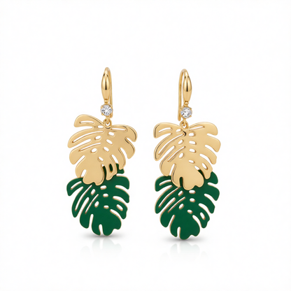 Green Enamel & 18K Gold-Plated Leaves Drop Earrings