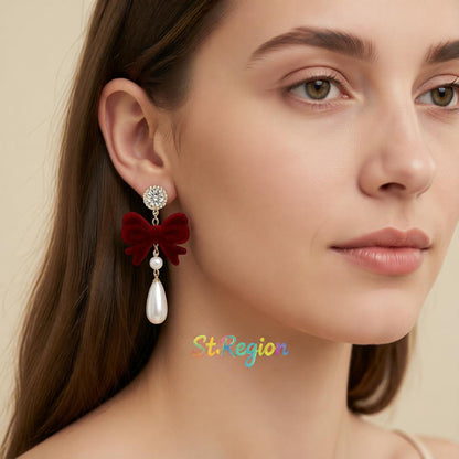 Pearl and Cubic Zirconia Nylon 18K Gold-Plated Bow Drop Earrings, gold drop earrings for women, everyday style, styled look