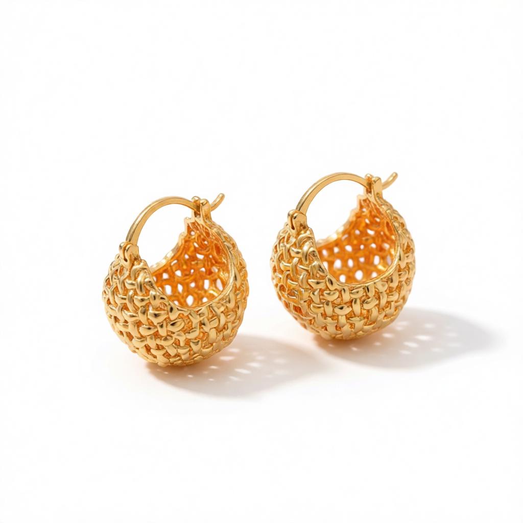 18K Gold-Plated Basket Huggie Earrings, gold huggie earrings, dainty minimalist design, side view