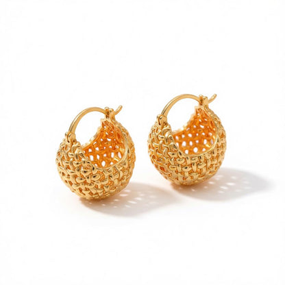18K Gold-Plated Basket Huggie Earrings, gold huggie earrings, dainty minimalist design, side view