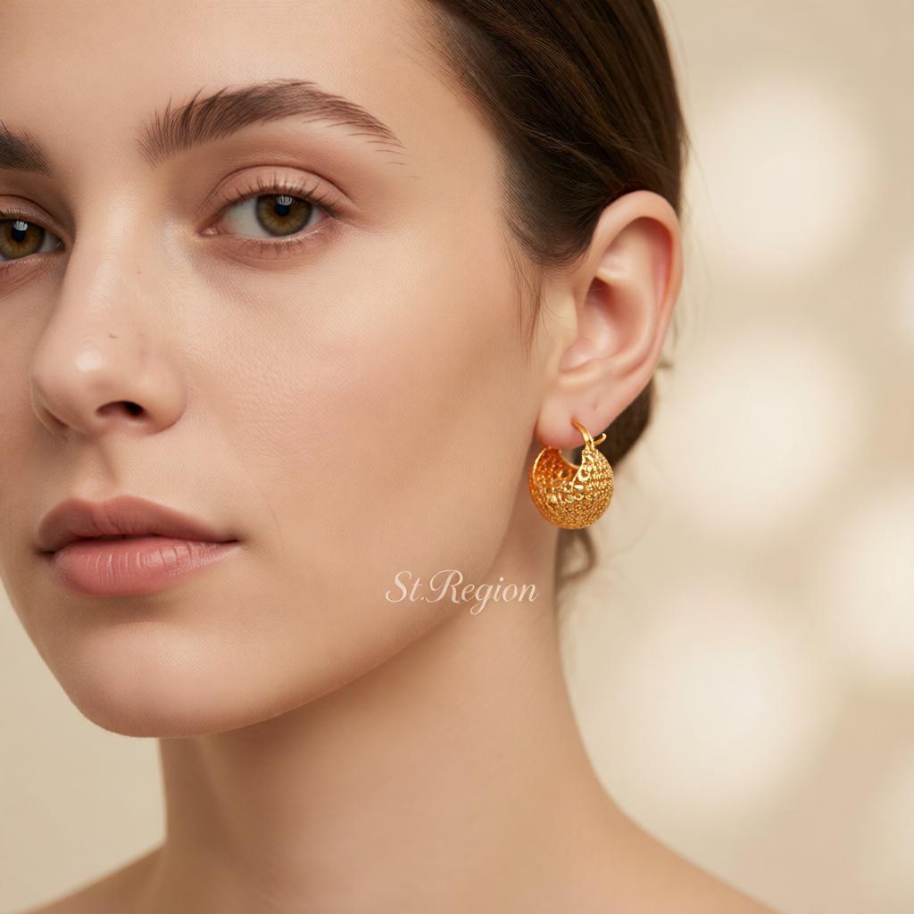18K Gold-Plated Basket Huggie Earrings, gold huggie earrings, dainty minimalist design, styled look