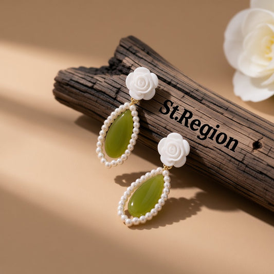 Green Cat's Eye and Pearl 18K Gold-Plated Rose Teardrop Earrings, gold drop earrings for women, everyday style, front view