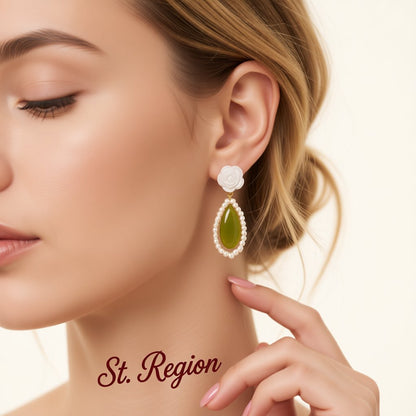 Green Cat's Eye and Pearl 18K Gold-Plated Rose Teardrop Earrings, gold drop earrings for women, everyday style, styled look