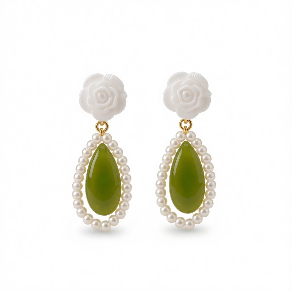 Green Cat's Eye and Pearl 18K Gold-Plated Rose Teardrop Earrings, gold drop earrings for women, everyday style, side view