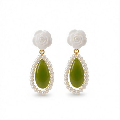 Green Cat's Eye and Pearl 18K Gold-Plated Rose Teardrop Earrings, gold drop earrings for women, everyday style, side view
