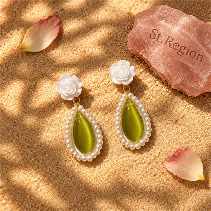 Green Cat's Eye and Pearl 18K Gold-Plated Rose Teardrop Earrings, gold drop earrings for women, detail close-up