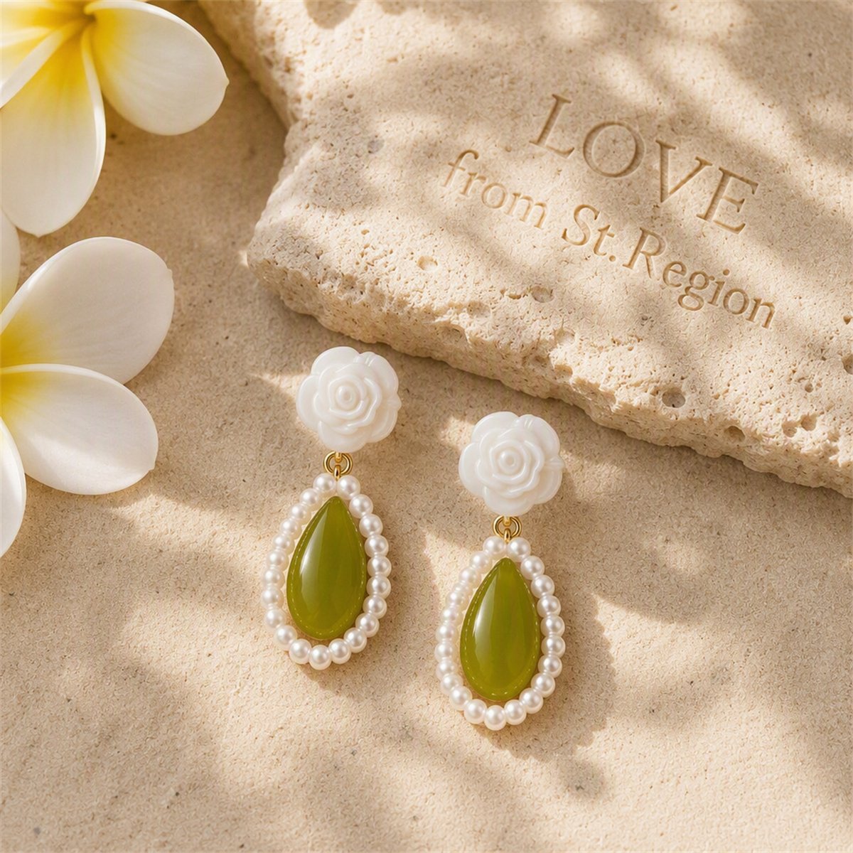 Green Cat's Eye and Pearl 18K Gold-Plated Rose Teardrop Earrings, gold drop earrings for women, lifestyle look