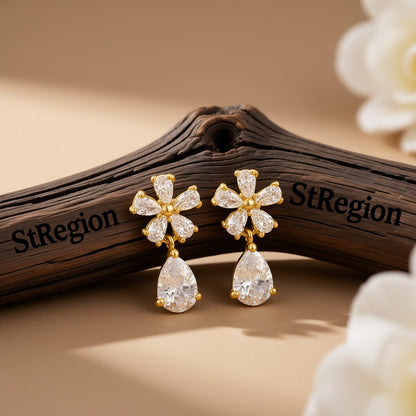 Crystal and 18K Gold-Plated Flower Drop Earrings, gold drop earrings for women, botanical inspired, front view