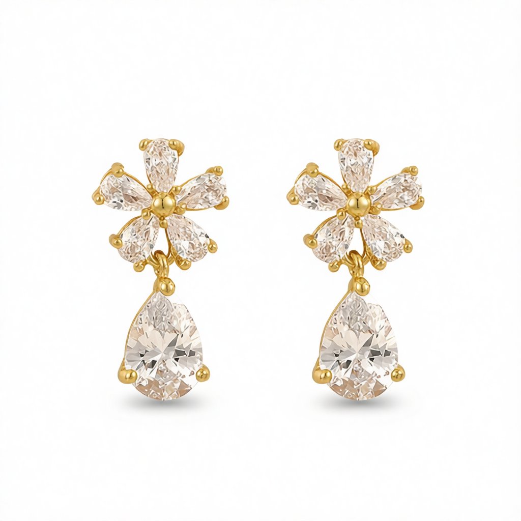 Crystal and 18K Gold-Plated Flower Drop Earrings, gold drop earrings for women, botanical inspired, side view