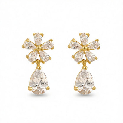 Crystal and 18K Gold-Plated Flower Drop Earrings, gold drop earrings for women, botanical inspired, side view