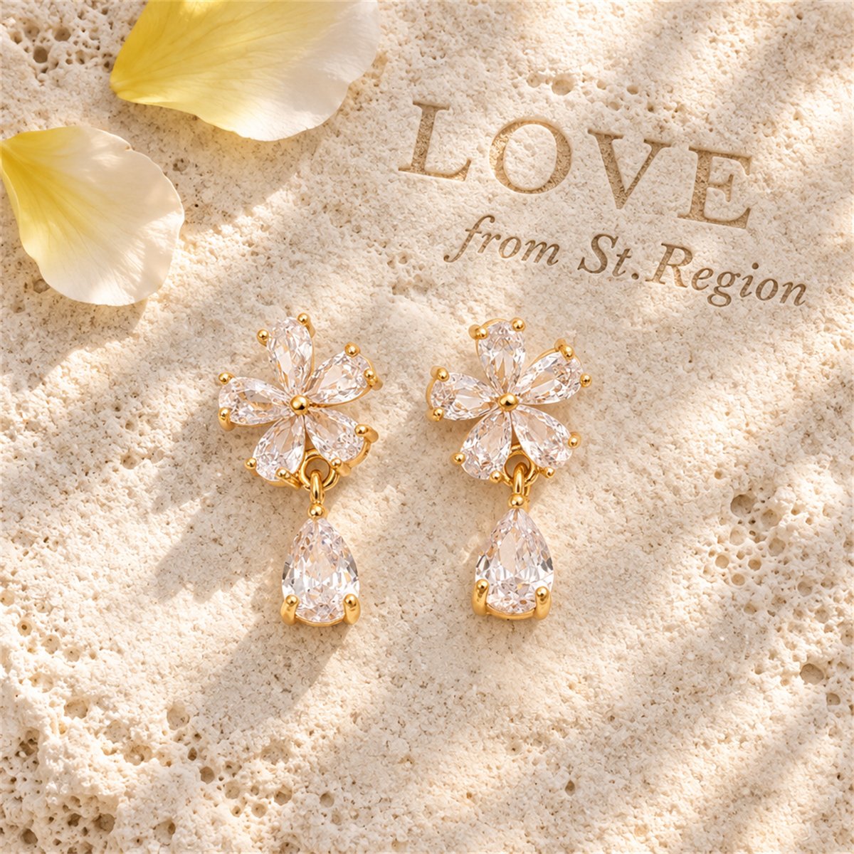 Crystal and 18K Gold-Plated Flower Drop Earrings, gold drop earrings for women, botanical inspired, lifestyle look