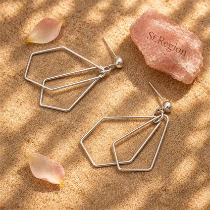 Silver-Plated Open Geometric Drop Earrings, silver drop earrings for women, everyday style, detail close-up