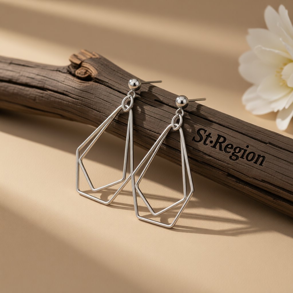 Silver-Plated Open Geometric Drop Earrings, silver drop earrings for women, everyday style, front view
