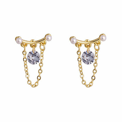 Crystal and Pearl 18K Gold-Plated Chain-Accent Drop Earrings, gold drop earrings for women, detail close-up
