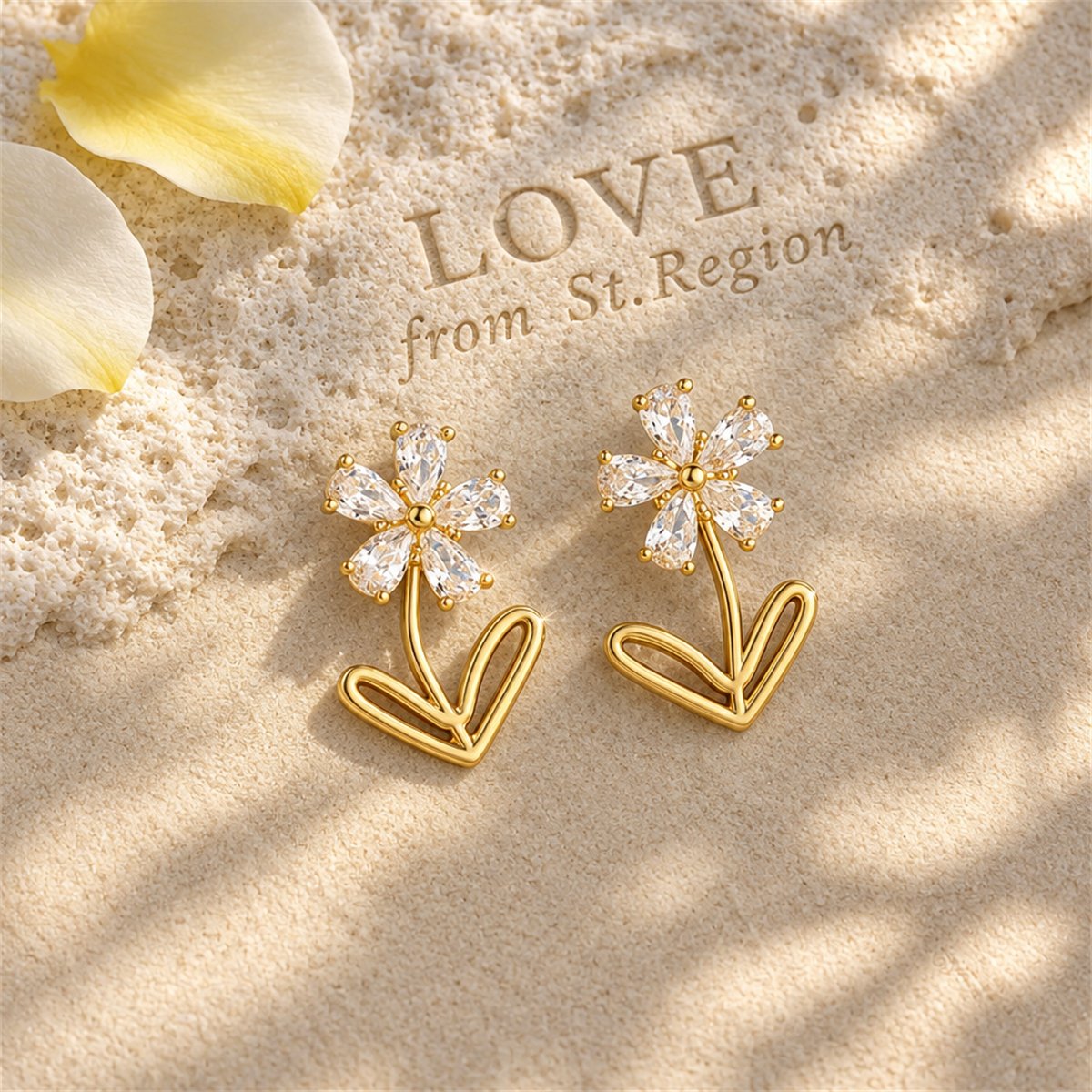 Crystal and 18K Gold-Plated Flower Stud Earrings, gold stud earrings for women, elegant gift for her, lifestyle look