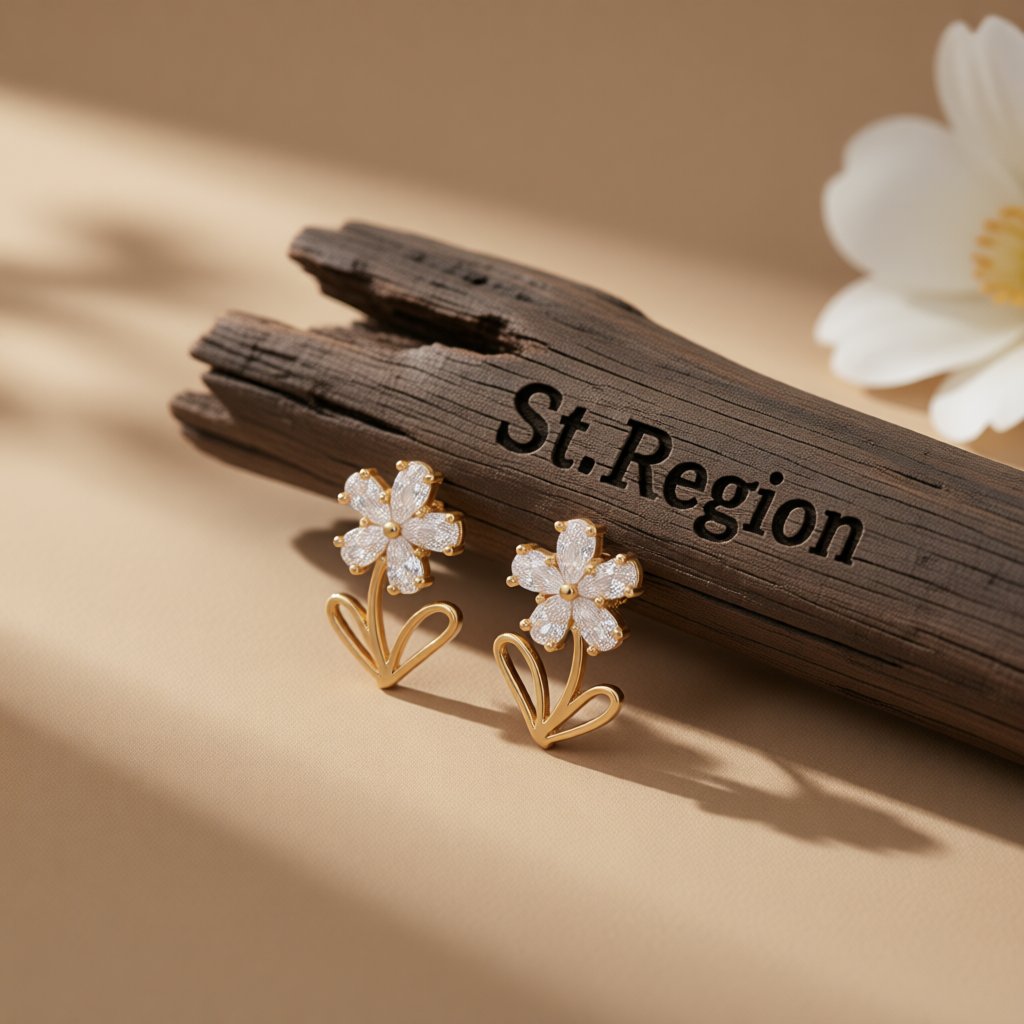 Crystal and 18K Gold-Plated Flower Stud Earrings, gold stud earrings for women, elegant gift for her, front view