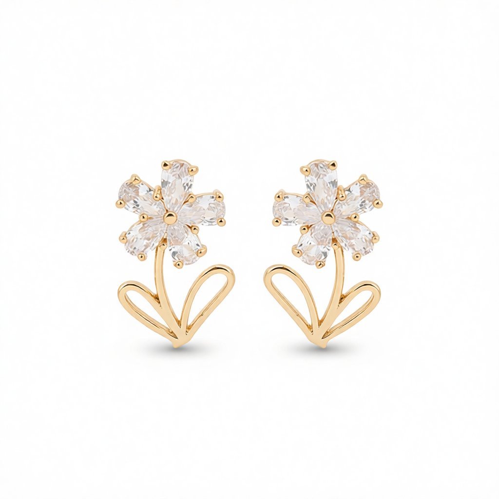 Crystal and 18K Gold-Plated Flower Stud Earrings, gold stud earrings for women, elegant gift for her, side view