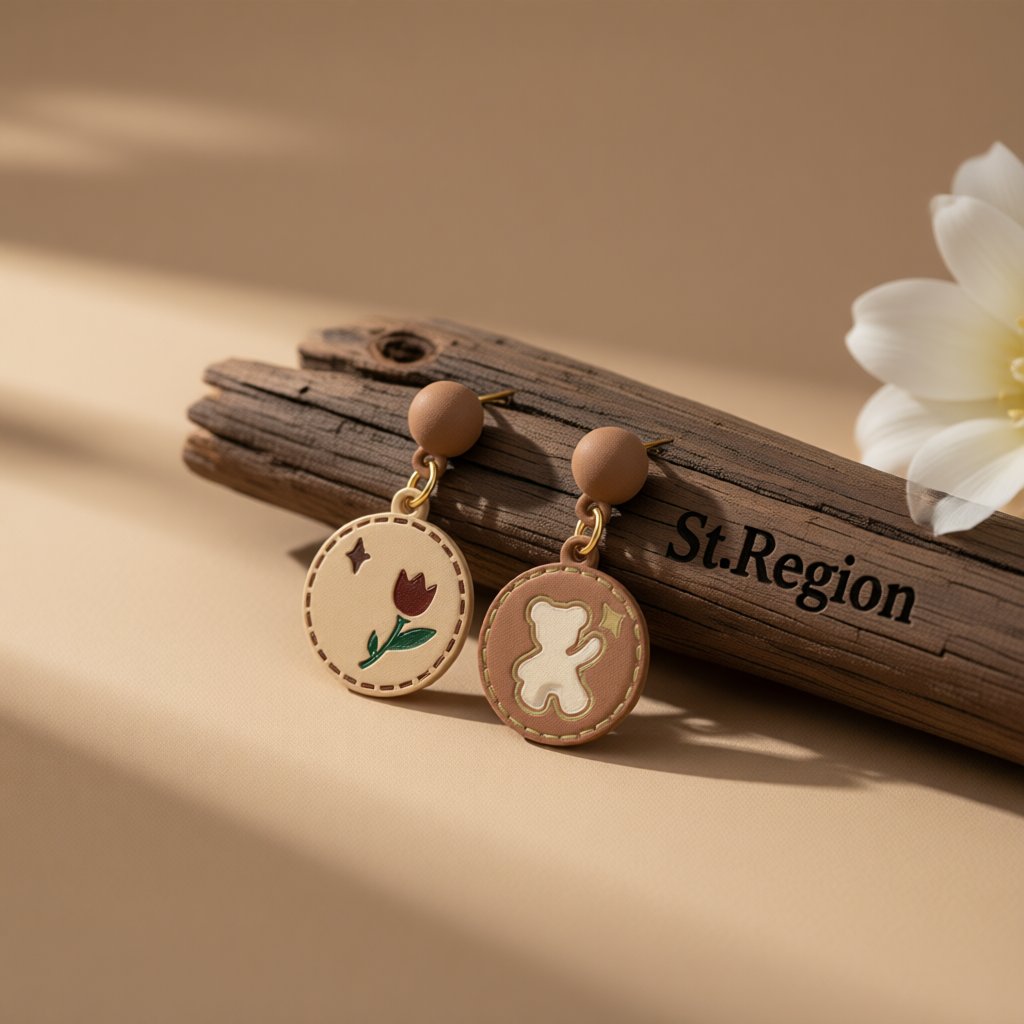 Enamel and 18K Gold-Plated Bear and Rose Round Drop Earrings, gold drop earrings for women, everyday style, front view