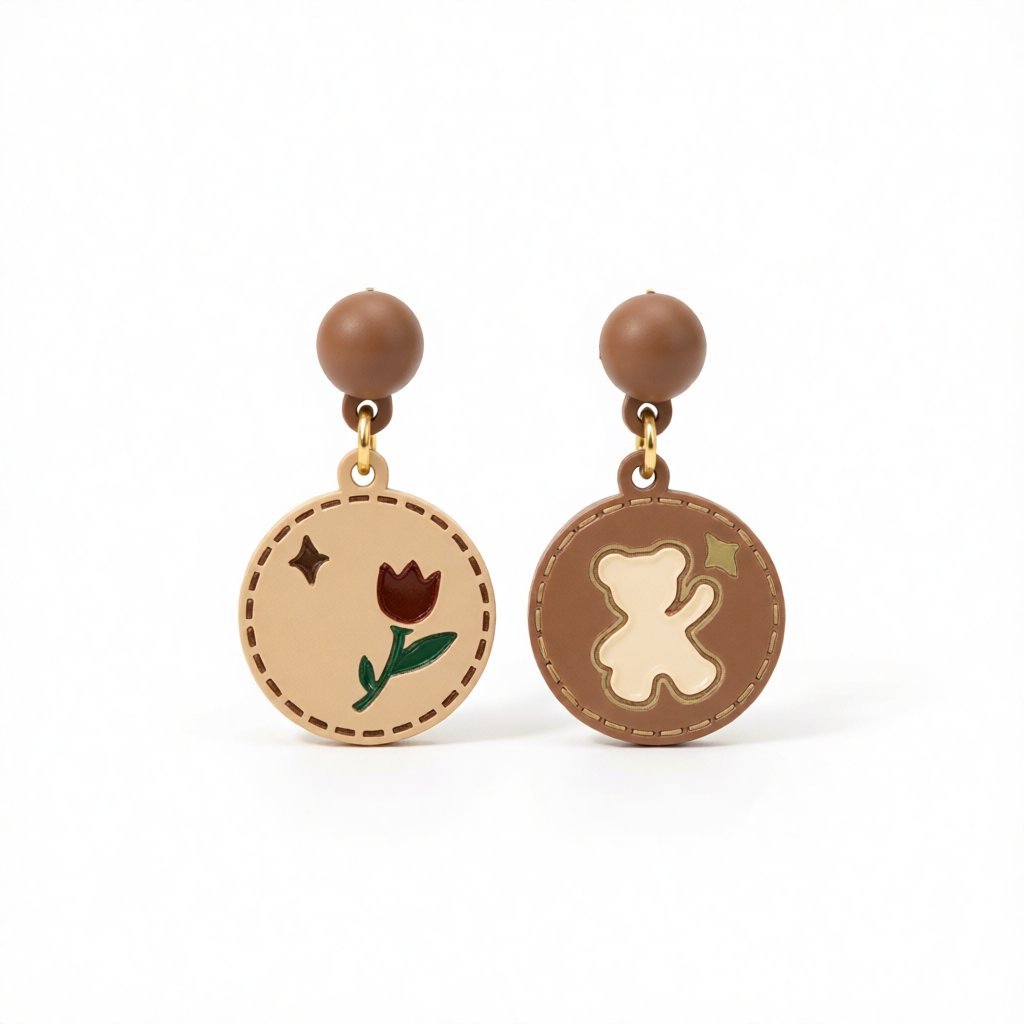 Enamel and 18K Gold-Plated Bear and Rose Round Drop Earrings, gold drop earrings for women, everyday style, side view