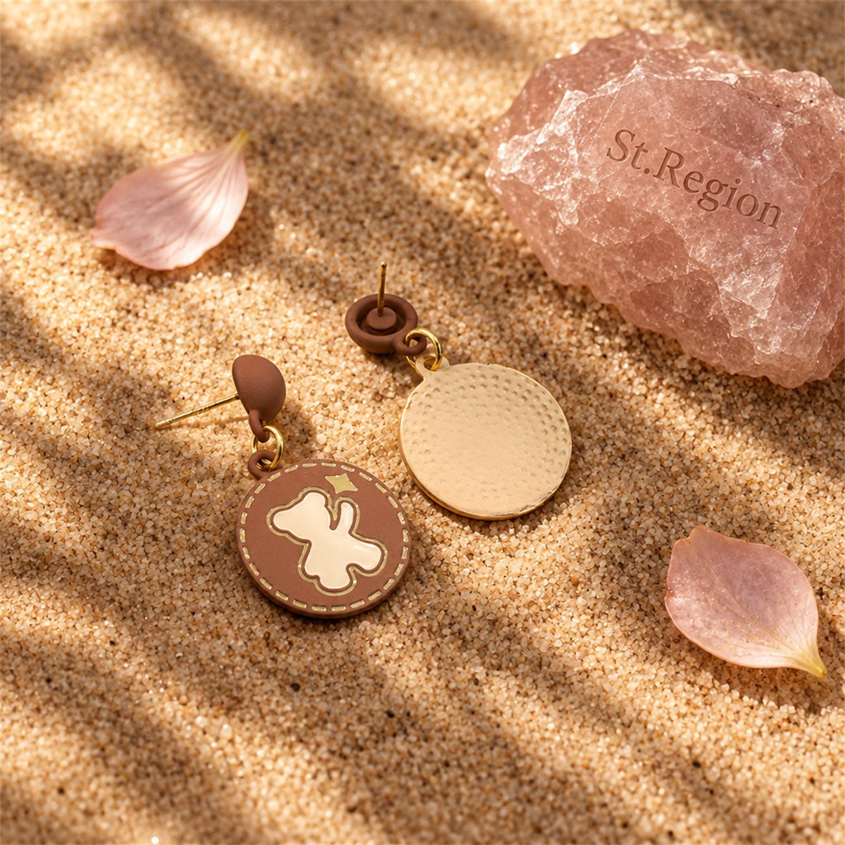 Enamel and 18K Gold-Plated Bear and Rose Round Drop Earrings, gold drop earrings for women, everyday style, detail close-up