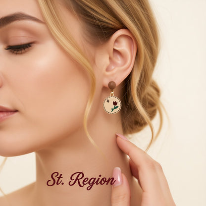 Enamel and 18K Gold-Plated Bear and Rose Round Drop Earrings, gold drop earrings for women, everyday style, styled look