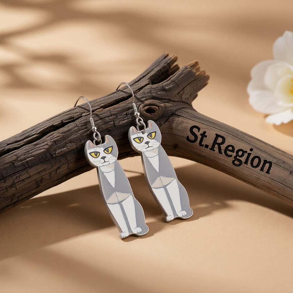 Acrylic and Silver-Plated Cat Drop Earrings, silver drop earrings for women, botanical inspired, front view
