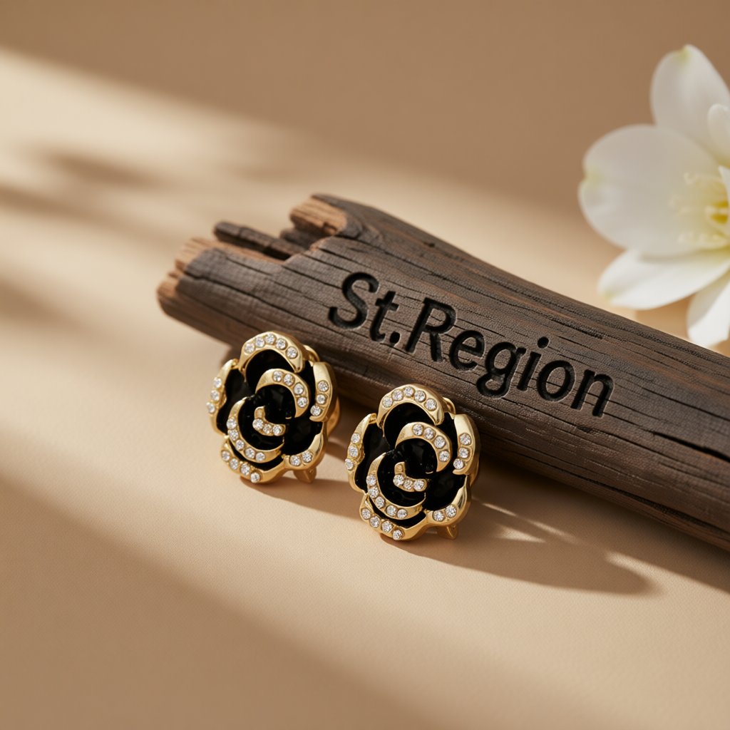 Cubic Zirconia and Black Enamel Stud Earrings, stud earrings for women, elegant gift for her, front view