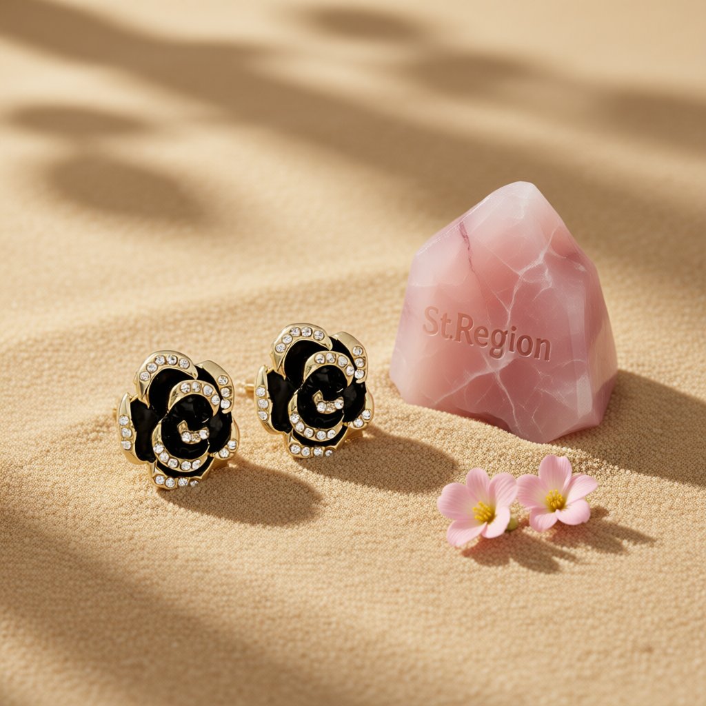 Cubic Zirconia and Black Enamel Stud Earrings, stud earrings for women, elegant gift for her, detail close-up