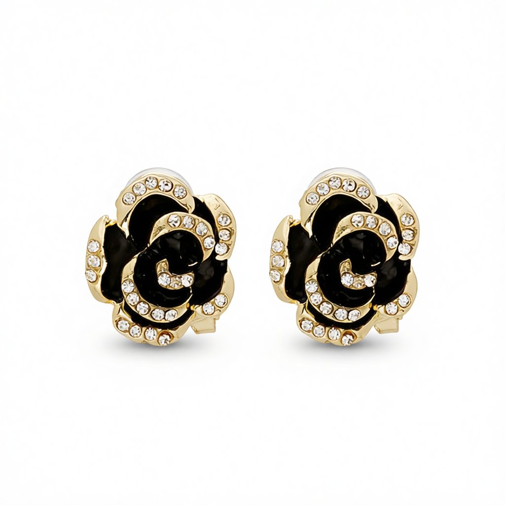 Cubic Zirconia and Black Enamel Stud Earrings, stud earrings for women, elegant gift for her, side view