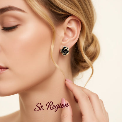 Cubic Zirconia and Black Enamel Stud Earrings, stud earrings for women, elegant gift for her, styled look