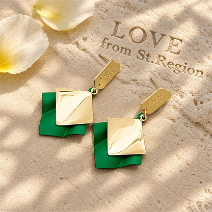 Green Enamel and 18K Gold-Plated 'Good Luck' Rhombus Drop Earrings, gold drop earrings for women, lifestyle look