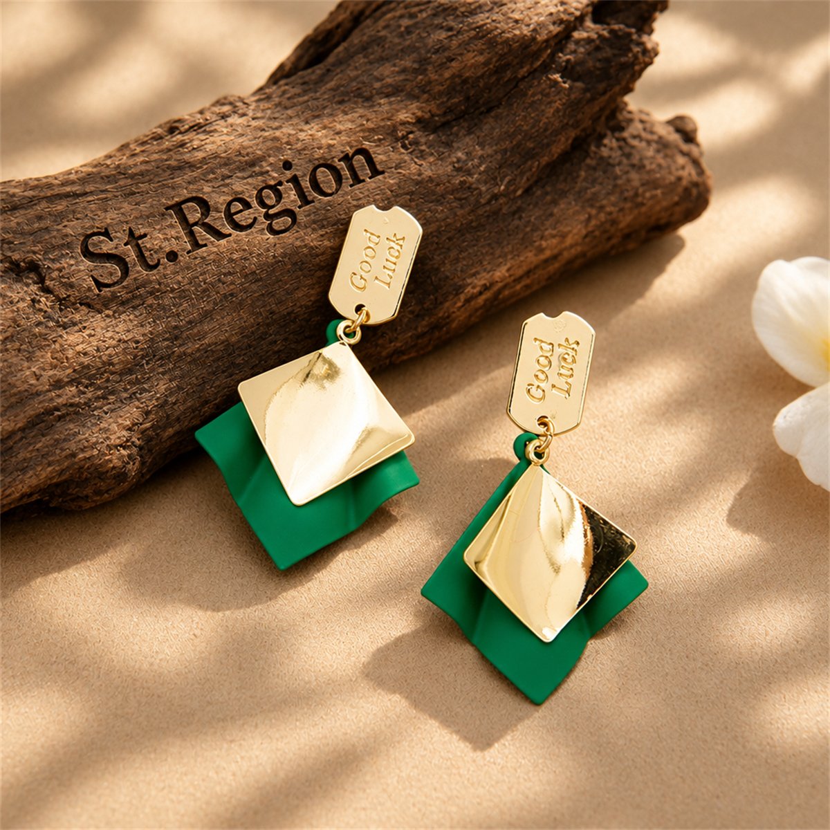 Green Enamel and 18K Gold-Plated 'Good Luck' Rhombus Drop Earrings, gold drop earrings for women, front view