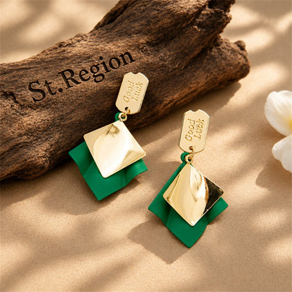 Green Enamel and 18K Gold-Plated 'Good Luck' Rhombus Drop Earrings, gold drop earrings for women, front view