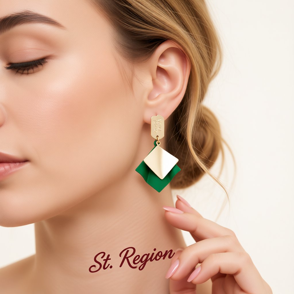 Green Enamel and 18K Gold-Plated 'Good Luck' Rhombus Drop Earrings, gold drop earrings for women, styled look