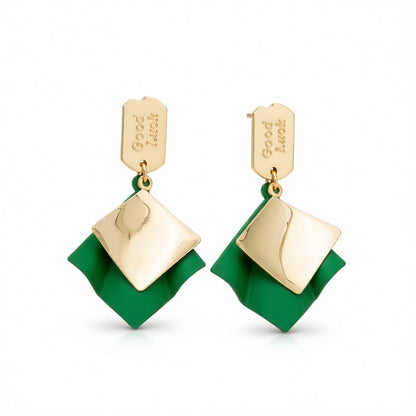Green Enamel and 18K Gold-Plated 'Good Luck' Rhombus Drop Earrings, gold drop earrings for women, side view