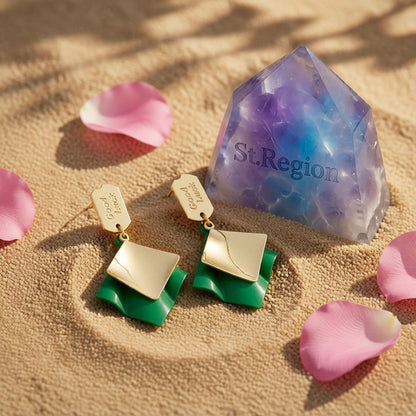 Green Enamel and 18K Gold-Plated 'Good Luck' Rhombus Drop Earrings, gold drop earrings for women, detail close-up
