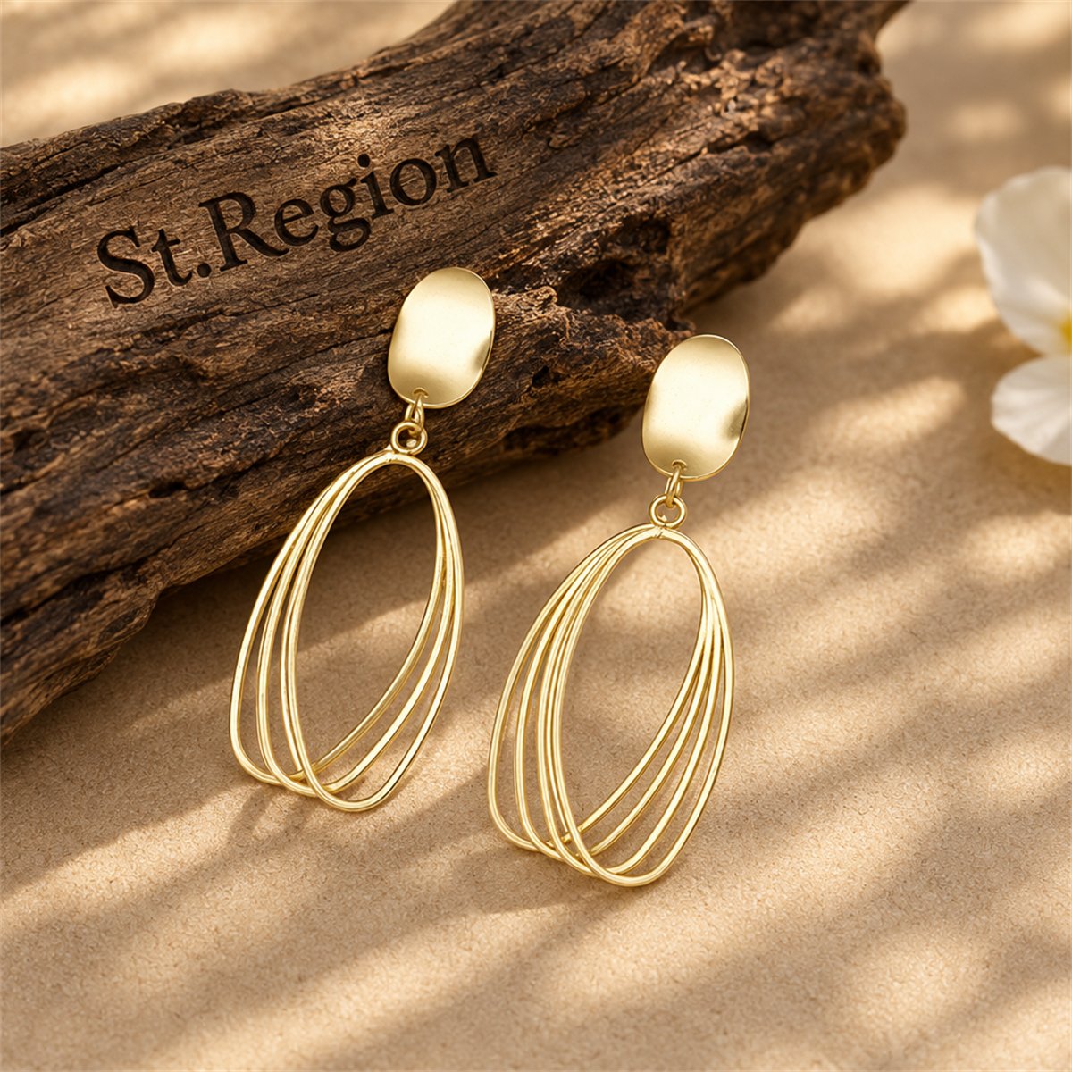 18K Gold-Plated Stacked Open Oval Drop Earrings, gold drop earrings for women, elegant gift for her, front view