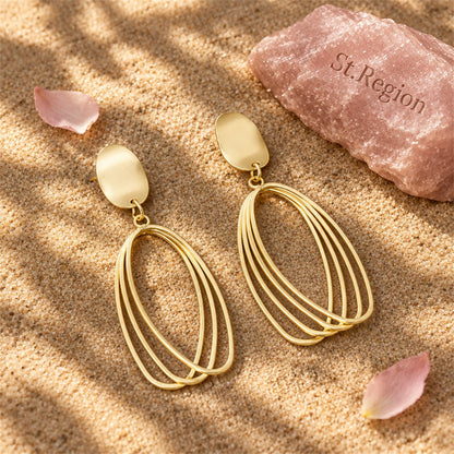 18K Gold-Plated Stacked Open Oval Drop Earrings, gold drop earrings for women, elegant gift for her, detail close-up