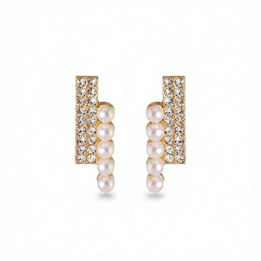 Cubic Zirconia and Pearl Bar Stud Earrings, cubic zirconia stud earrings for women, vintage-inspired design, side view