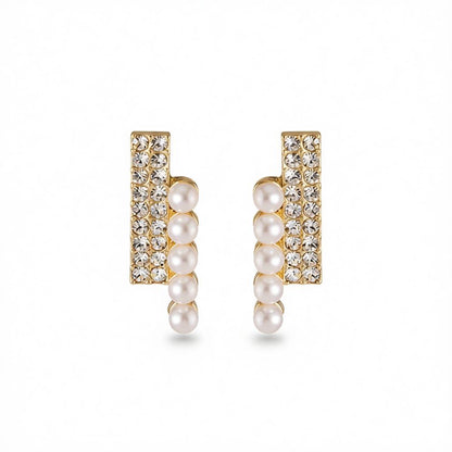 Cubic Zirconia and Pearl Bar Stud Earrings, cubic zirconia stud earrings for women, vintage-inspired design, side view