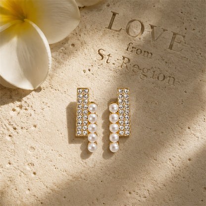 Cubic Zirconia & Pearl Bar Stud Earrings