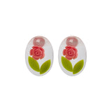 Pink & Green Rose Oval Stud Earrings