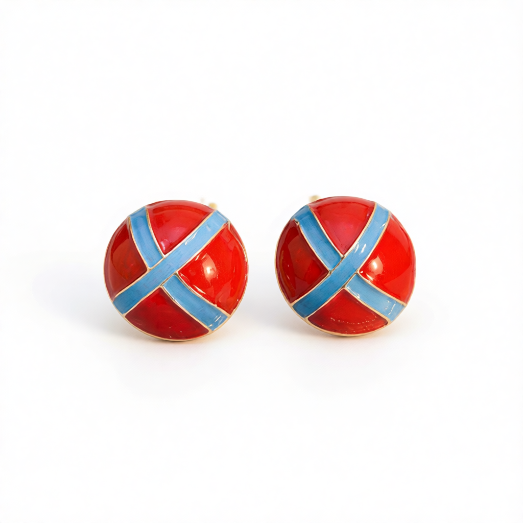 Blue & Red Enamel Round Stud Earrings