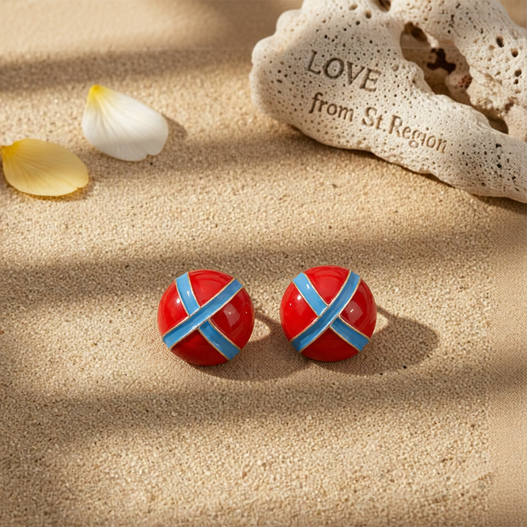 Blue & Red Enamel Round Stud Earrings
