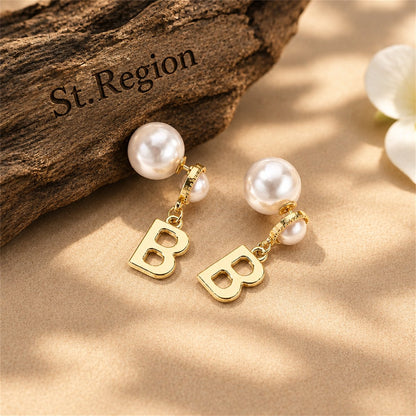 Pearl and 18K Gold-Plated 'B' Ear Jackets, vintage-inspired design, front view