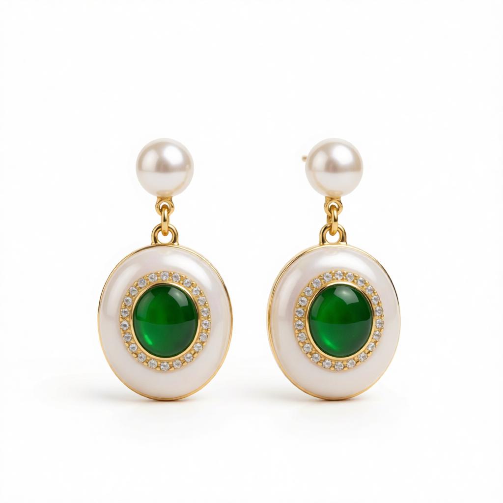 Green Quartz and Pearl 18K Gold-Plated Oval Drop Earrings, gold drop earrings for women, everyday style, side view