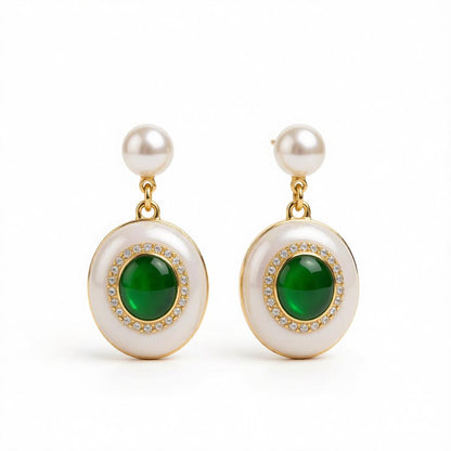 Green Quartz and Pearl 18K Gold-Plated Oval Drop Earrings, gold drop earrings for women, everyday style, side view
