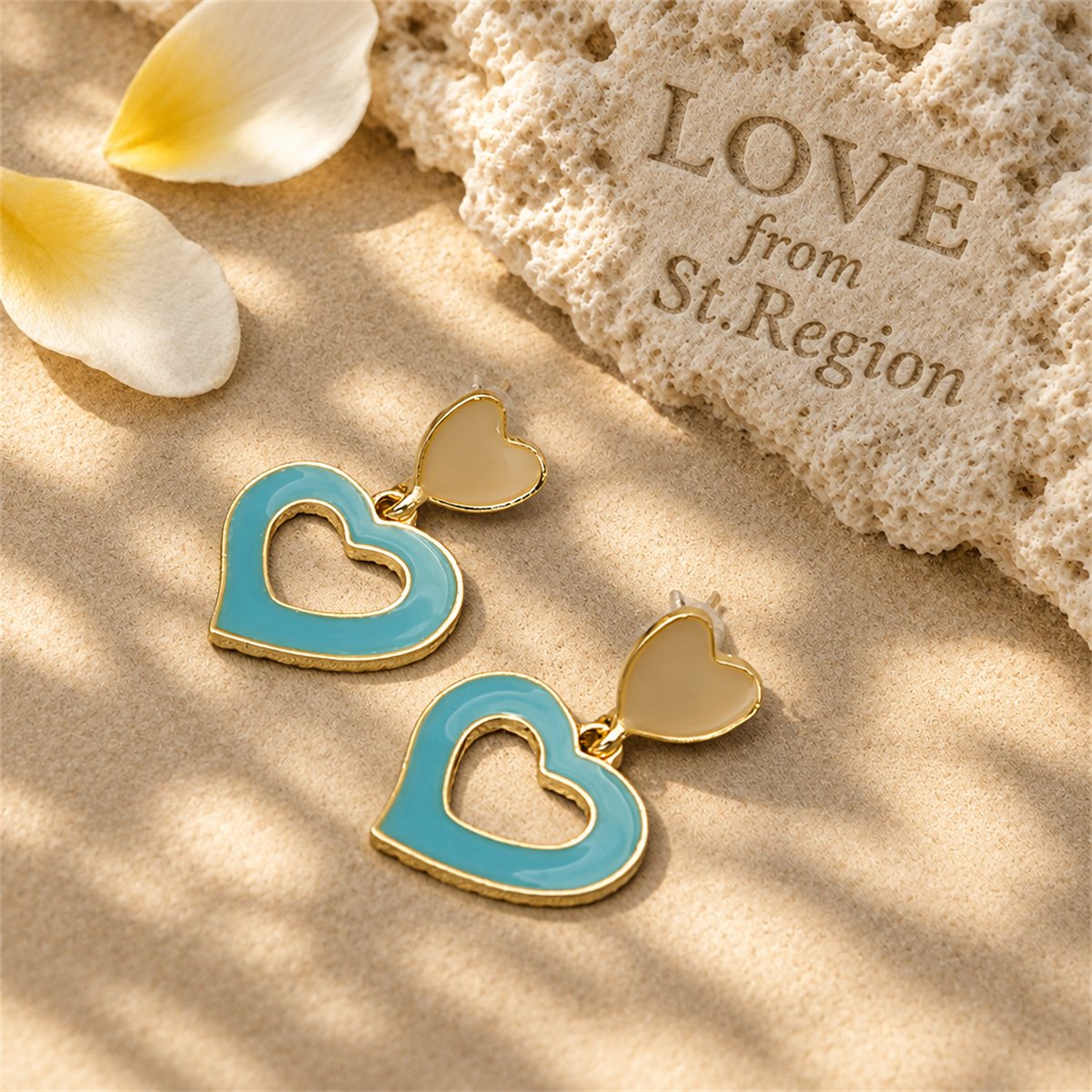 Aqua Enamel and 18K Gold-Plated Open Heart Drop Earrings, gold drop earrings for women, lifestyle look